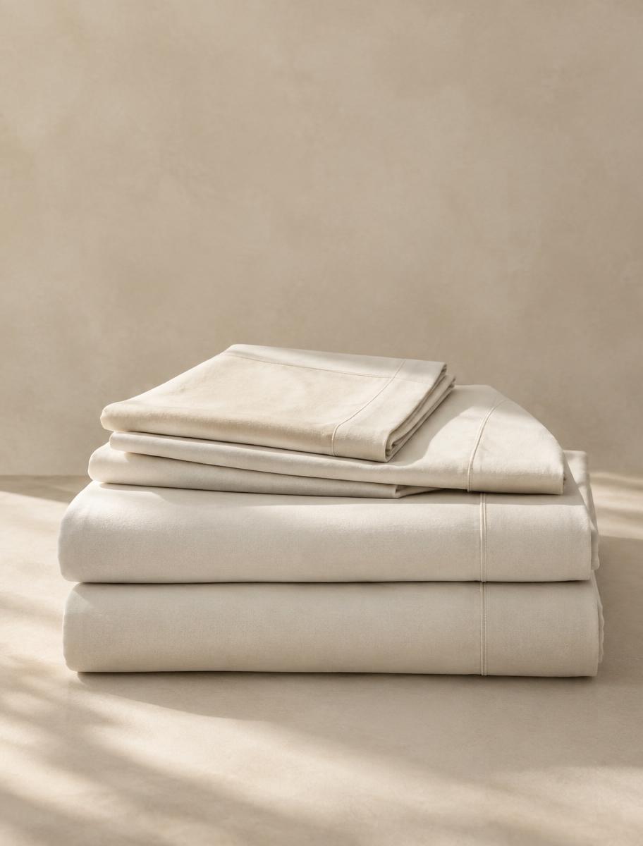 Folded organic cotton sheet set in undyed ivory