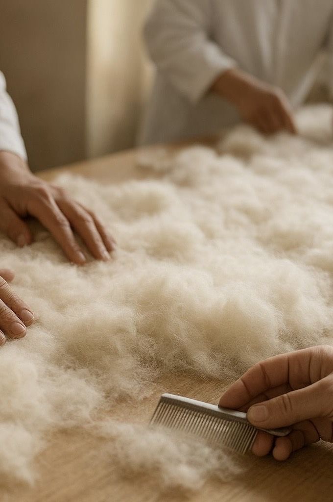 Artisans preparing soft natural cotton fibre by hand