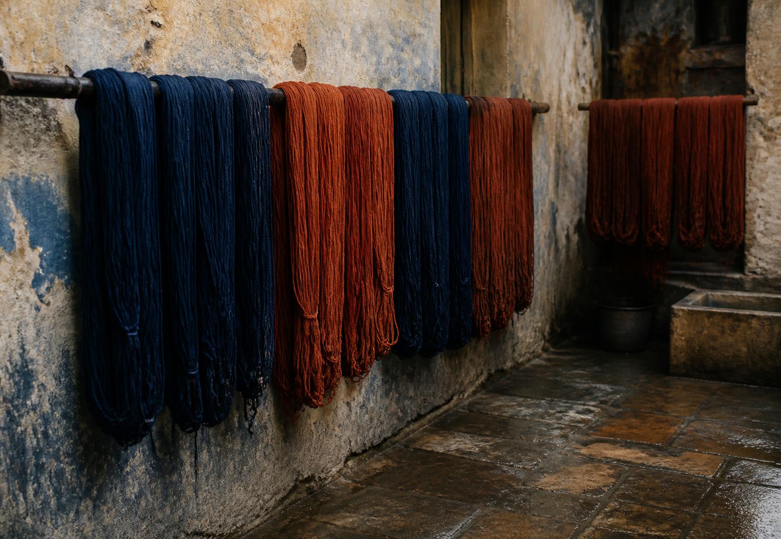 Skeins of dyed cotton yarn drying against a plaster wall