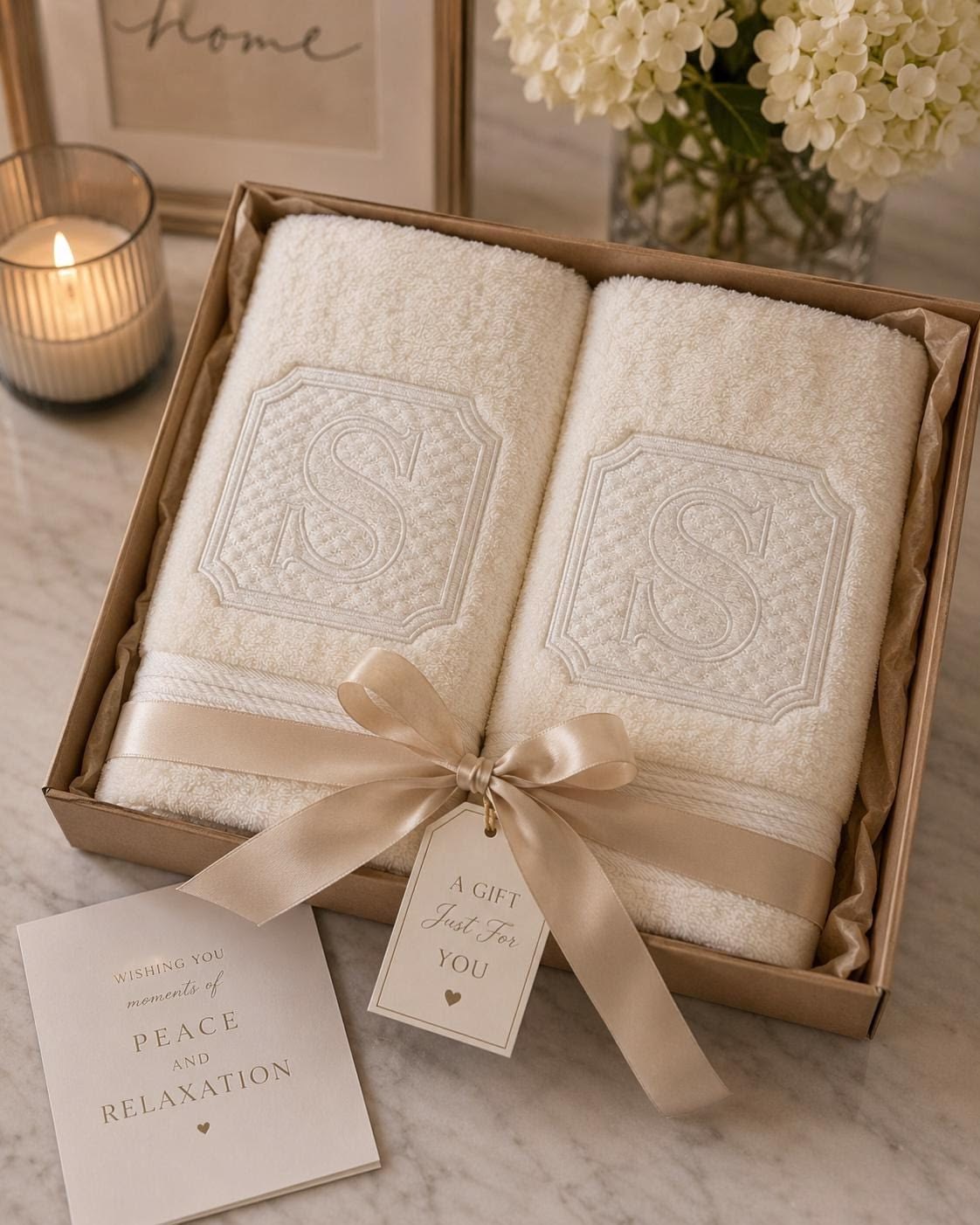 Monogrammed towels in a gift box with ribbon and tag