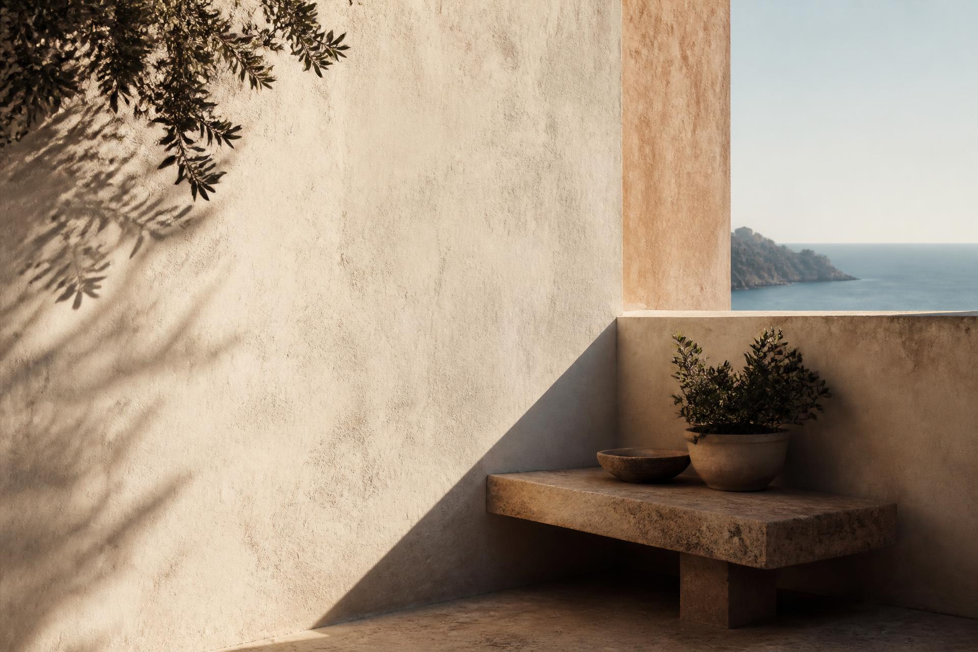 Sunlit Mediterranean terrace of limewashed plaster and travertine
