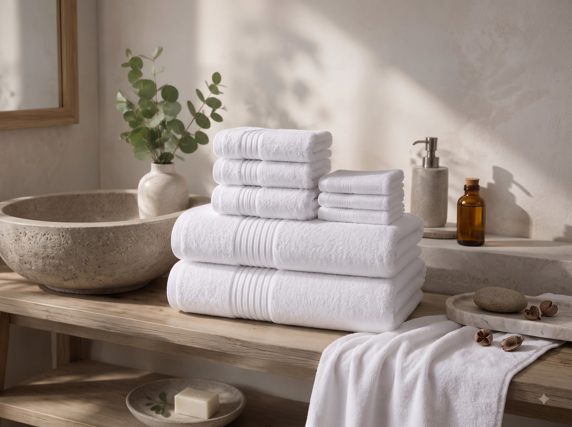 Stacked white towels on a wooden shelf in a serene spa bathroom