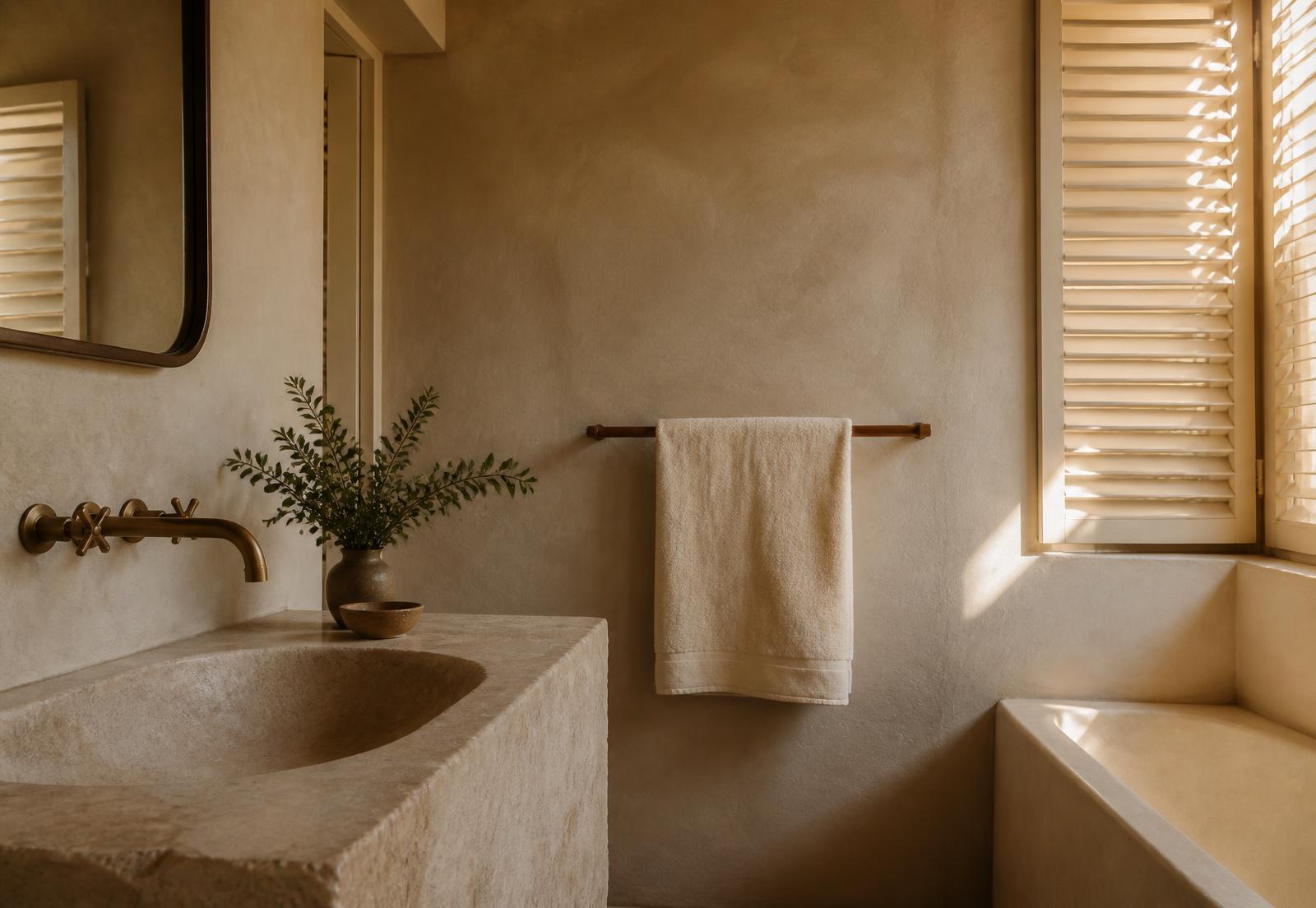 A quiet coastal bathroom in limewashed plaster with folded cotton towels
