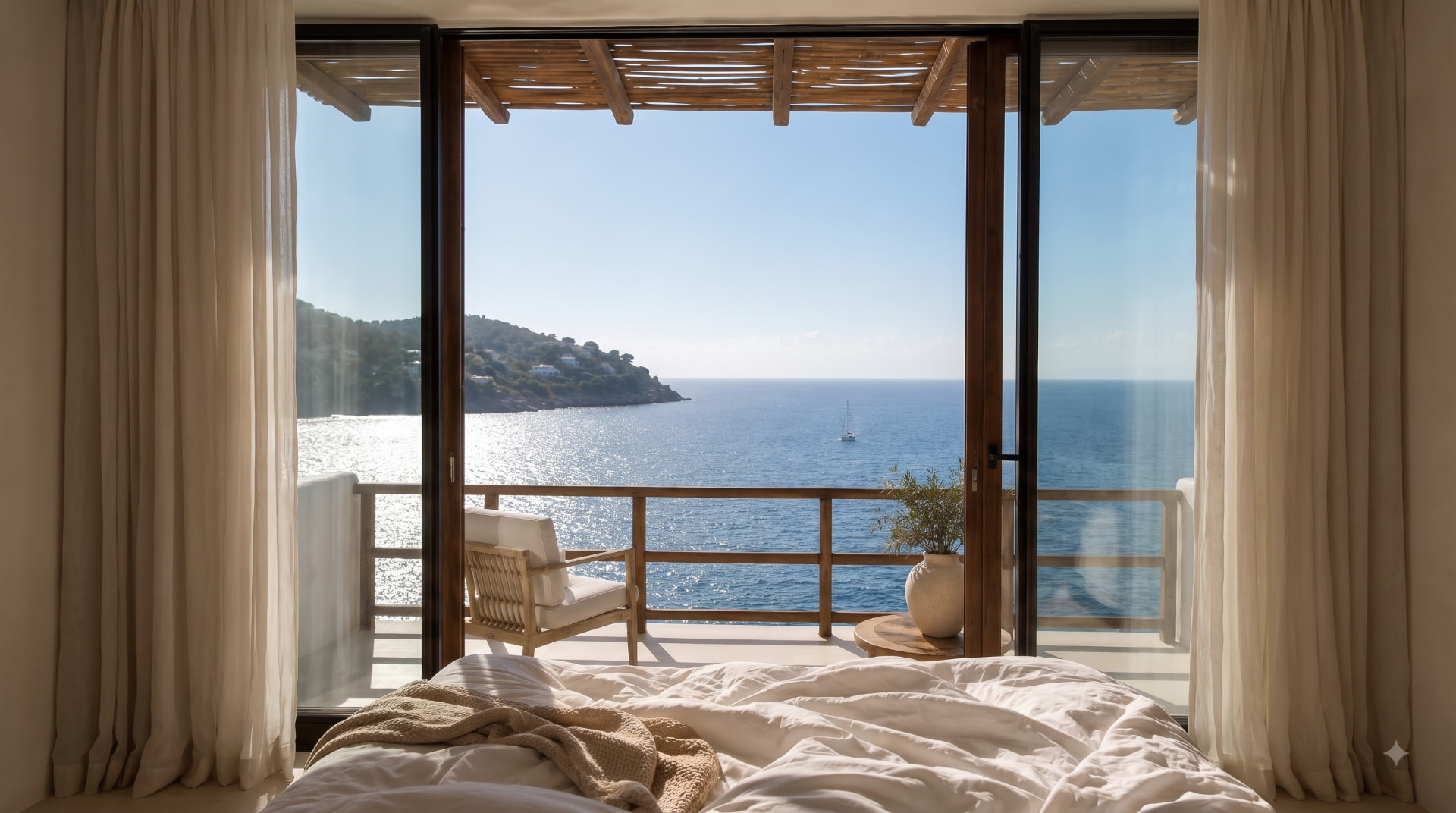 A sunlit Mediterranean bedroom overlooking the sea